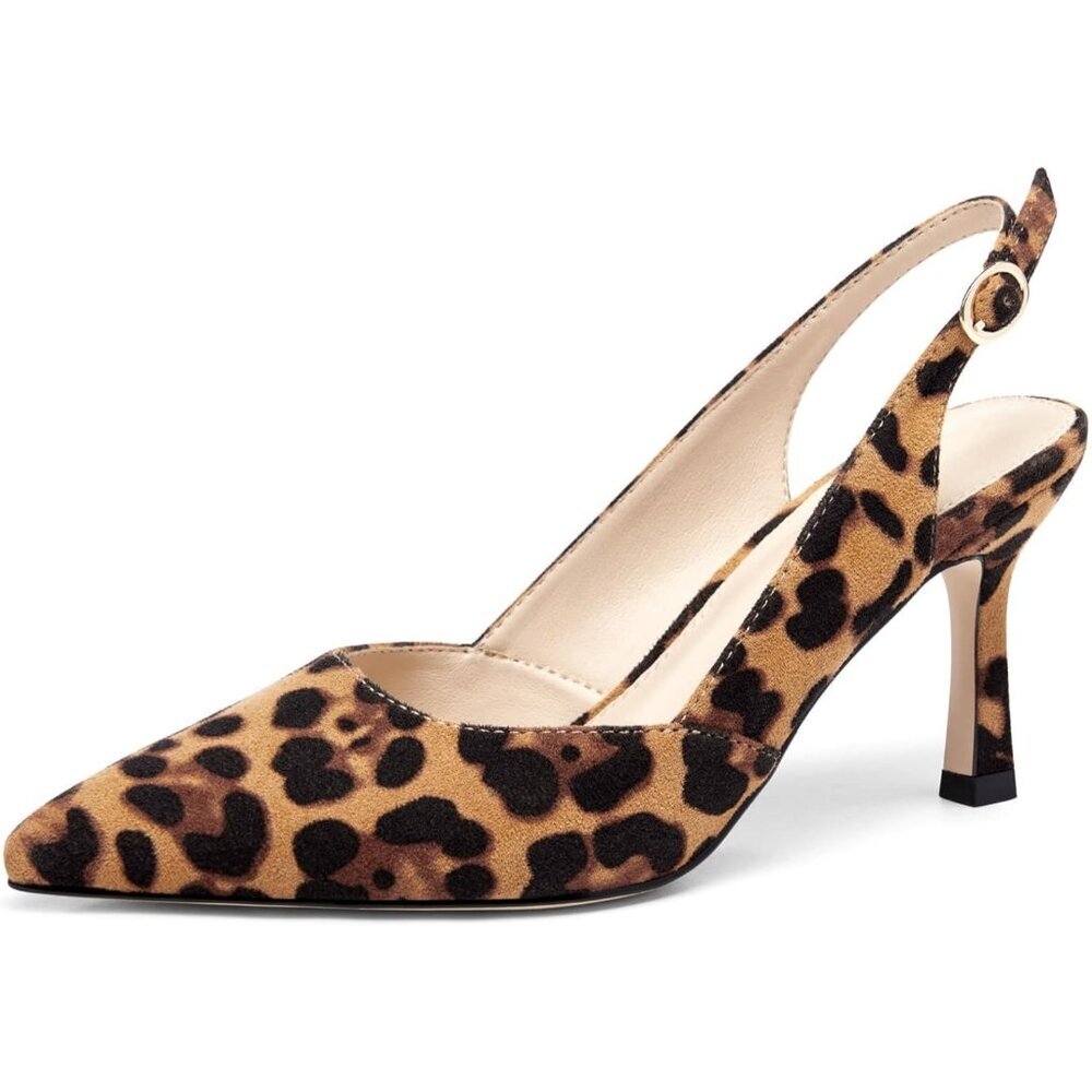 〽️ Women's Leopard Suede Slingback Kitten Heels Pointed Toe Dress Pumps Shoes